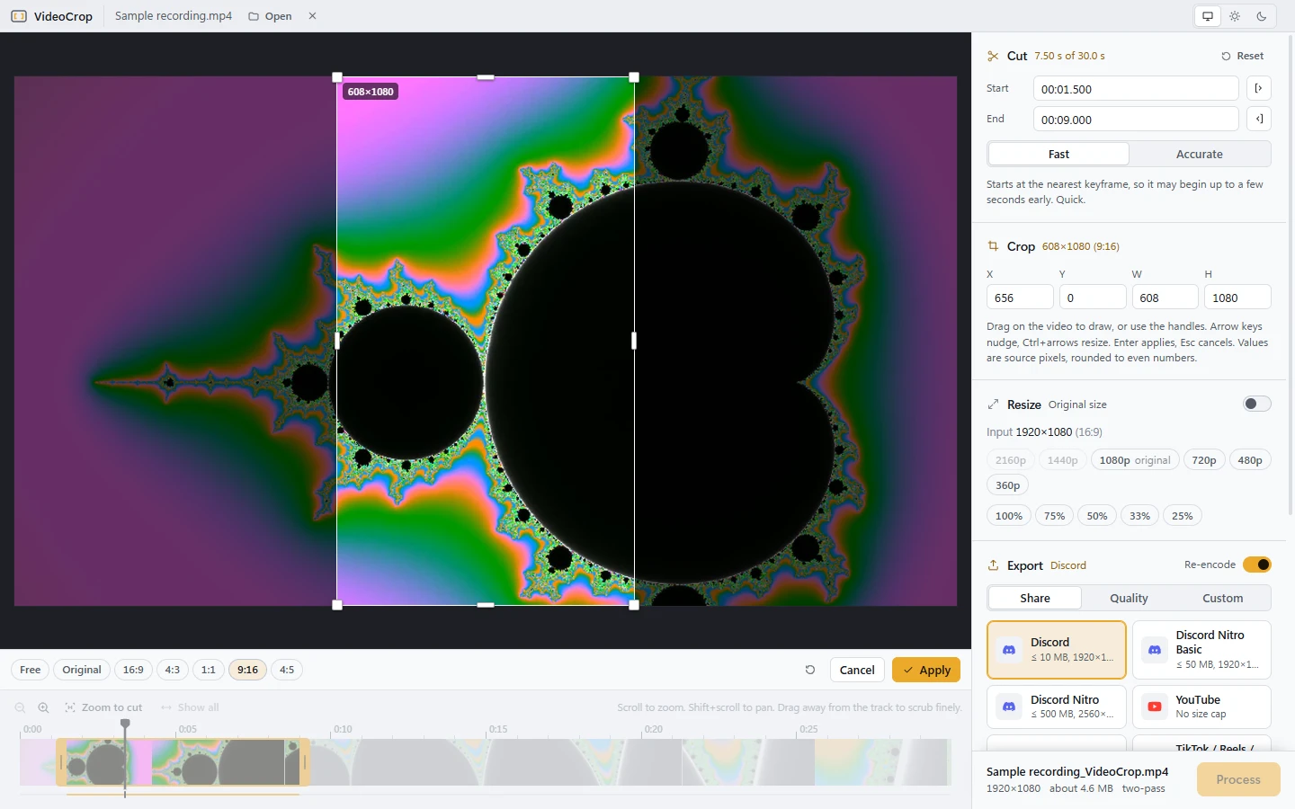 VideoCrop's crop mode in light theme, with a crop rectangle and aspect ratio buttons over a full-resolution still.